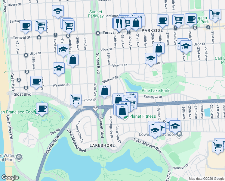 map of restaurants, bars, coffee shops, grocery stores, and more near 2300 Yorba Street in San Francisco
