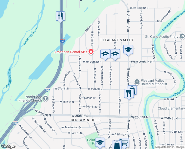 map of restaurants, bars, coffee shops, grocery stores, and more near 2859 North Saint Clair Street in Wichita