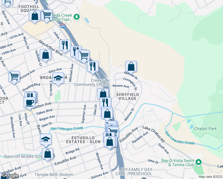 map of restaurants, bars, coffee shops, grocery stores, and more near 11818 Foothill Way in Oakland