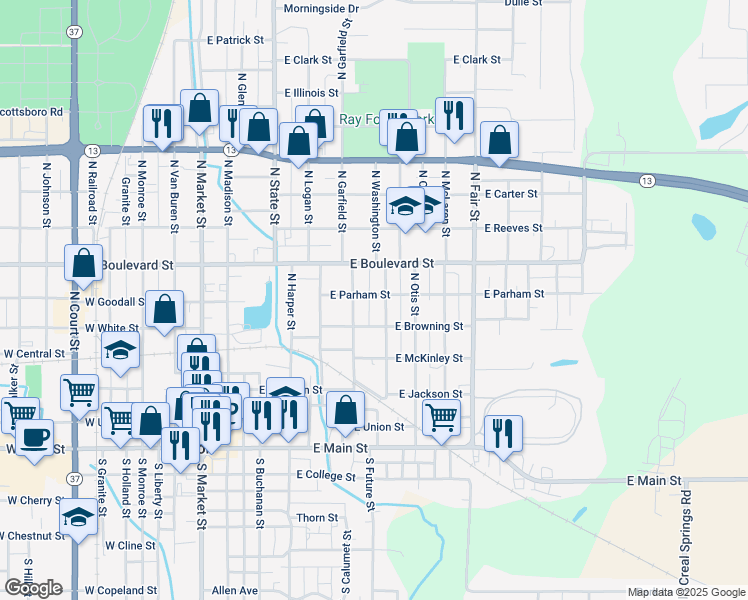 map of restaurants, bars, coffee shops, grocery stores, and more near 605 East Parham Street in Marion