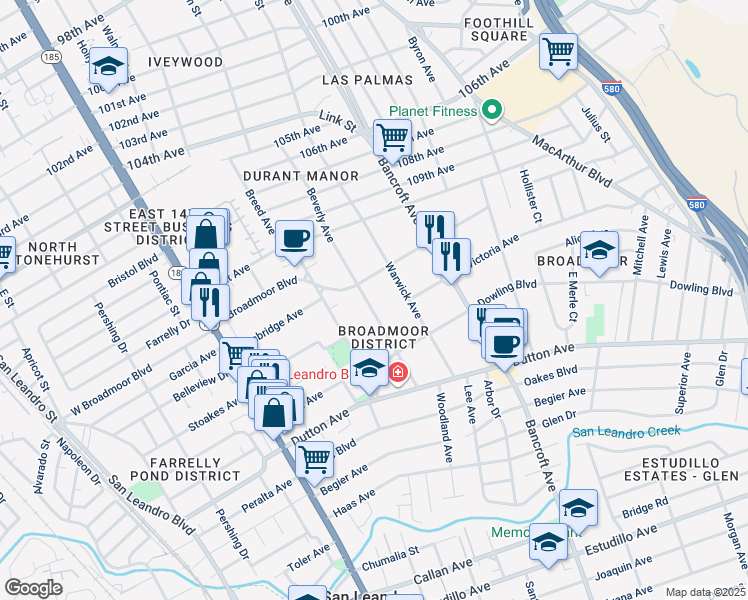 map of restaurants, bars, coffee shops, grocery stores, and more near 340 Beverly Avenue in San Leandro