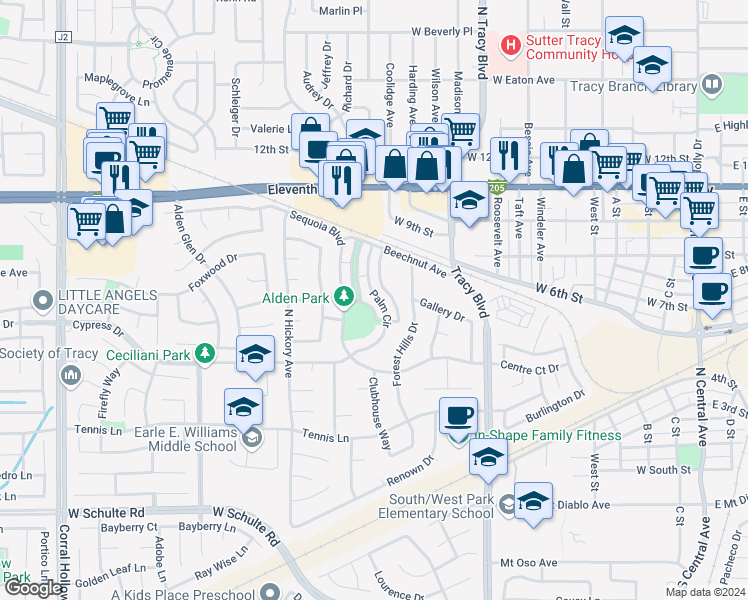map of restaurants, bars, coffee shops, grocery stores, and more near 687 Palm Circle in Tracy