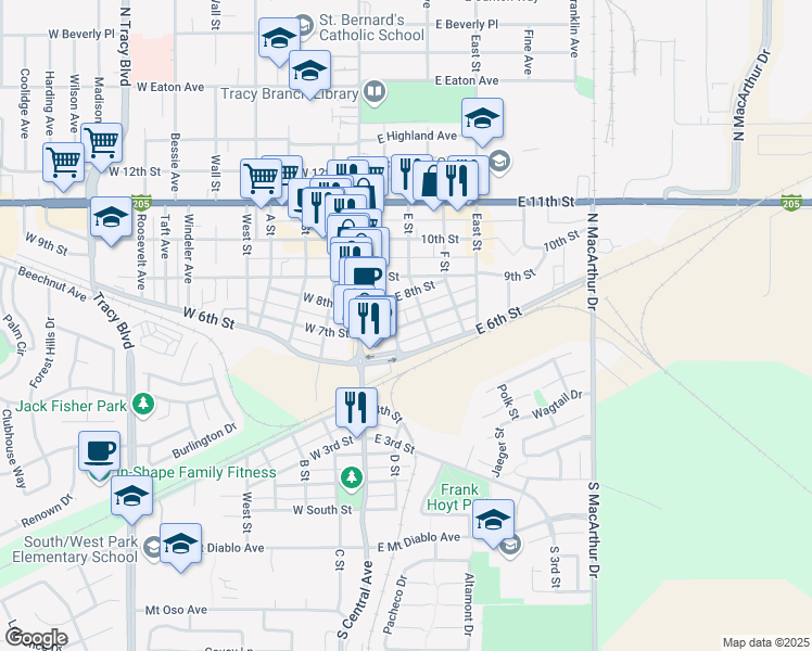map of restaurants, bars, coffee shops, grocery stores, and more near 70 7th Street in Tracy
