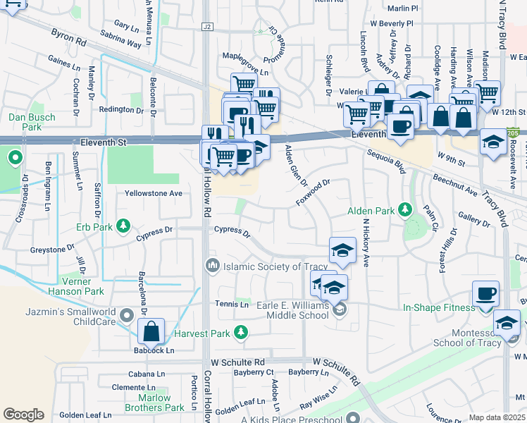map of restaurants, bars, coffee shops, grocery stores, and more near 1815 Foxtail Way in Tracy