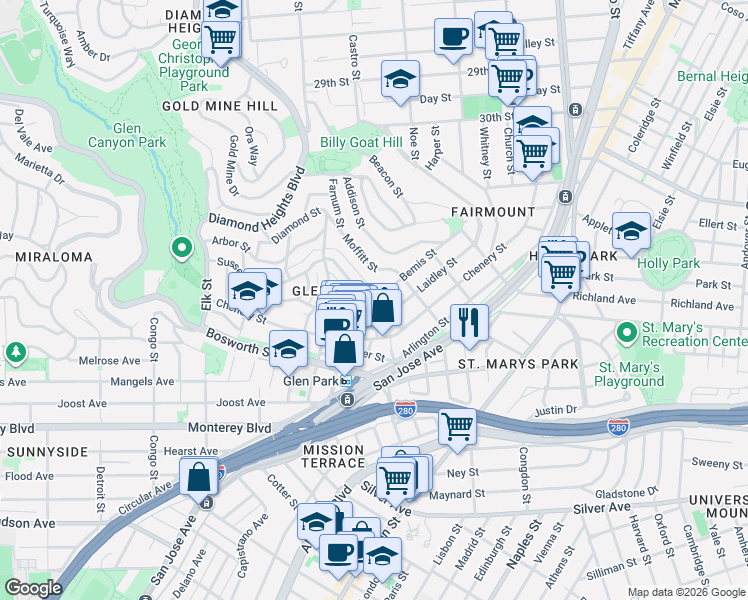 map of restaurants, bars, coffee shops, grocery stores, and more near 2900 Castro Street in San Francisco