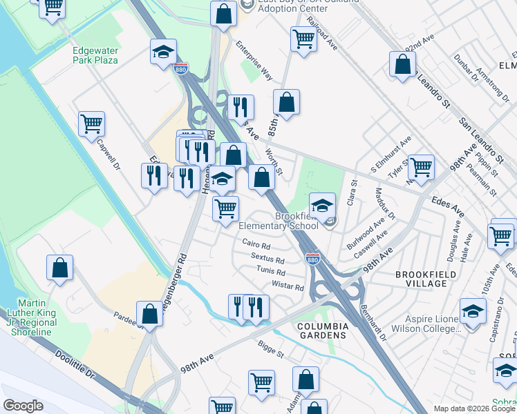 map of restaurants, bars, coffee shops, grocery stores, and more near 9623 Empire Road in Oakland