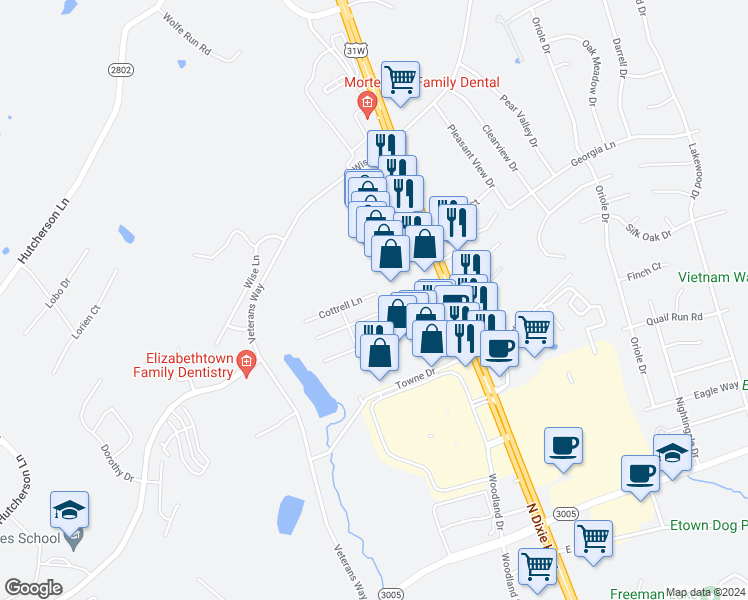 map of restaurants, bars, coffee shops, grocery stores, and more near 201 Cottrell Lane in Elizabethtown