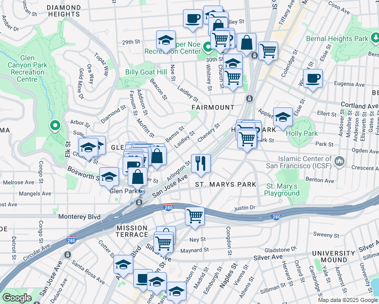 map of restaurants, bars, coffee shops, grocery stores, and more near 449 Chenery Street in San Francisco