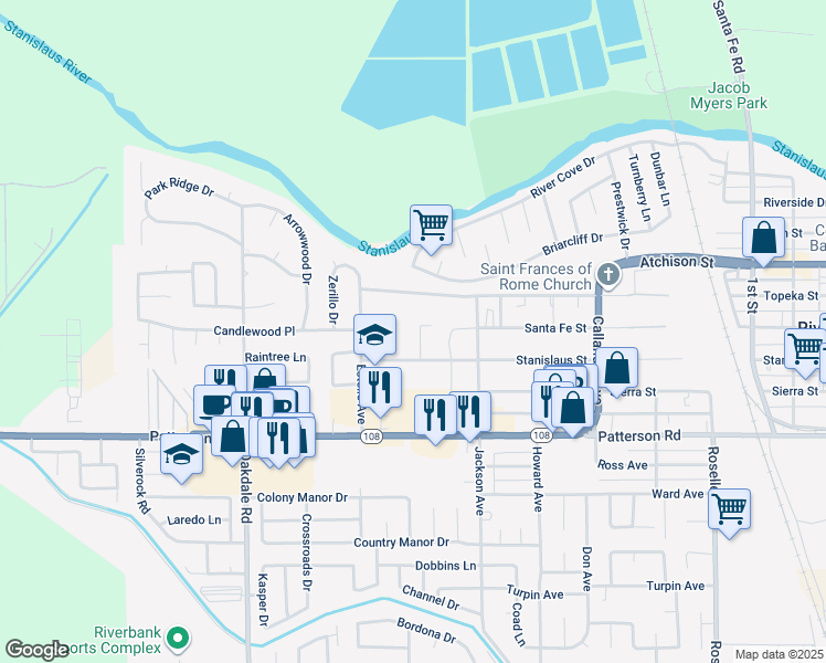map of restaurants, bars, coffee shops, grocery stores, and more near 6625 River Mesa Drive in Riverbank