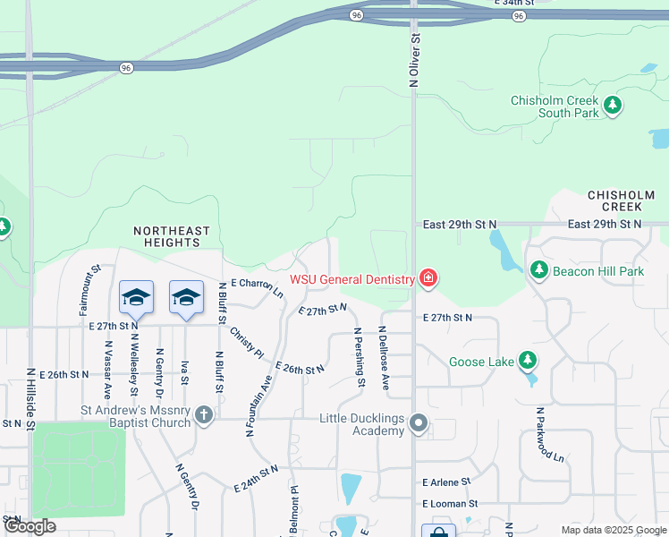 map of restaurants, bars, coffee shops, grocery stores, and more near 2916 North Terrace Drive in Wichita