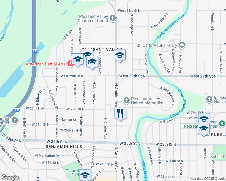 map of restaurants, bars, coffee shops, grocery stores, and more near 2905 North Amidon Avenue in Wichita
