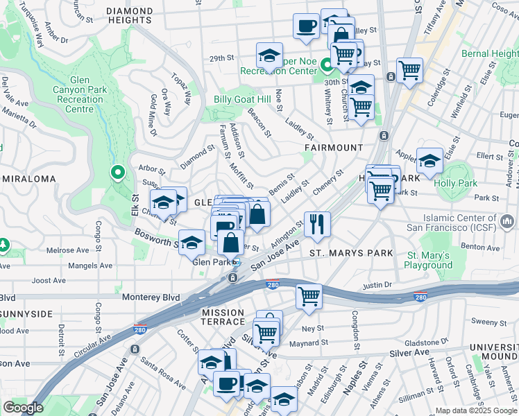 map of restaurants, bars, coffee shops, grocery stores, and more near 545 Laidley Street in San Francisco