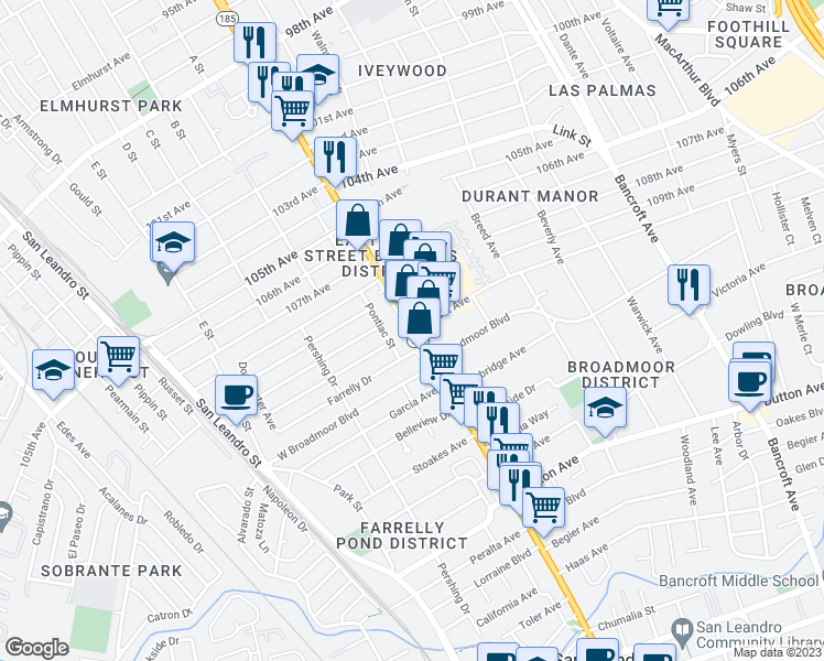 map of restaurants, bars, coffee shops, grocery stores, and more near International Blvd & Durant Ave in San Leandro