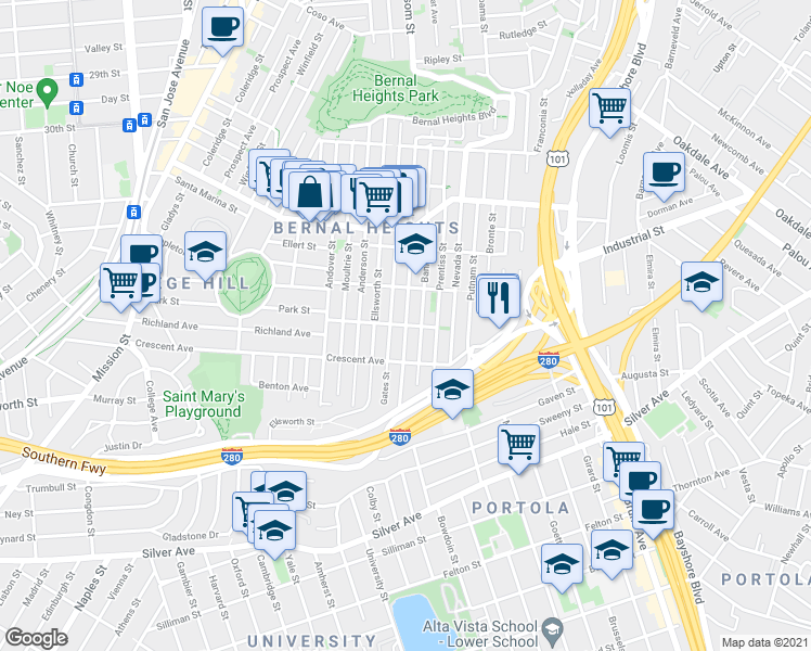 map of restaurants, bars, coffee shops, grocery stores, and more near Folsom St & Ogden Ave in San Francisco