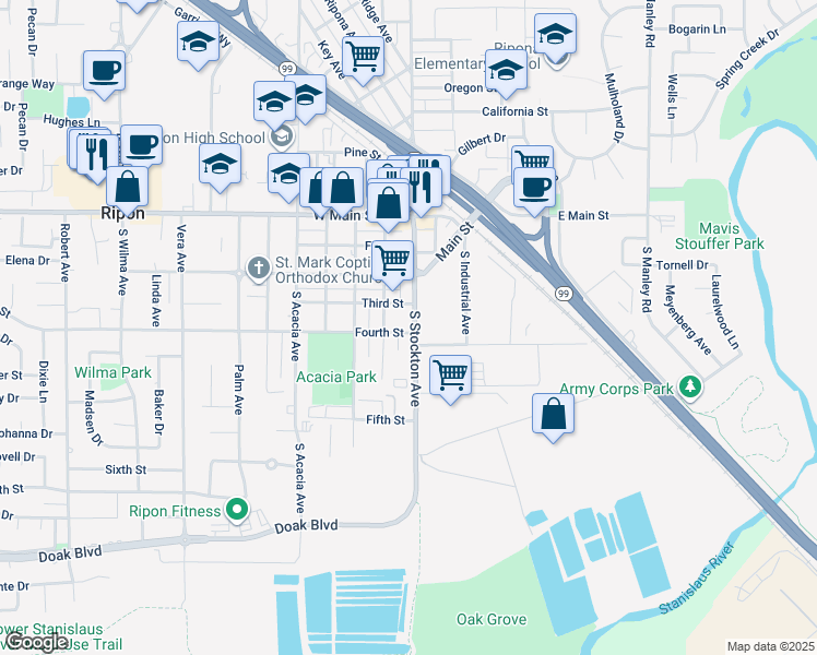 map of restaurants, bars, coffee shops, grocery stores, and more near 300 South Stockton Avenue in Ripon