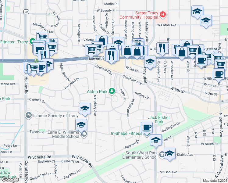 map of restaurants, bars, coffee shops, grocery stores, and more near 679 Palm Circle in Tracy
