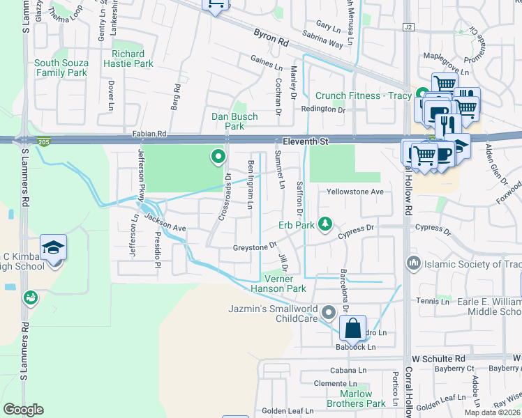 map of restaurants, bars, coffee shops, grocery stores, and more near 710 Ben Ingram Lane in Tracy