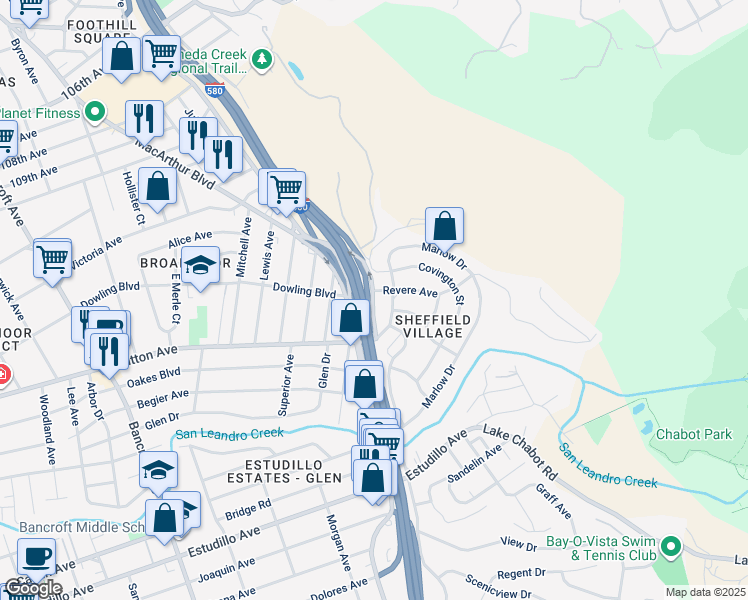 map of restaurants, bars, coffee shops, grocery stores, and more near 45 Marlow Drive in Oakland