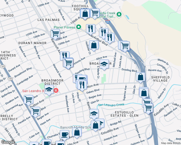 map of restaurants, bars, coffee shops, grocery stores, and more near 529 West Merle Court in San Leandro