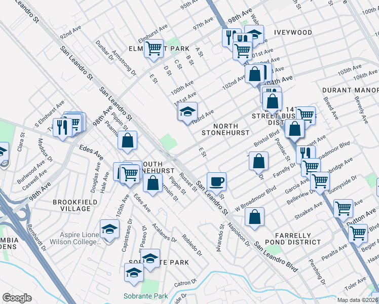 map of restaurants, bars, coffee shops, grocery stores, and more near 921 106th Avenue in Oakland