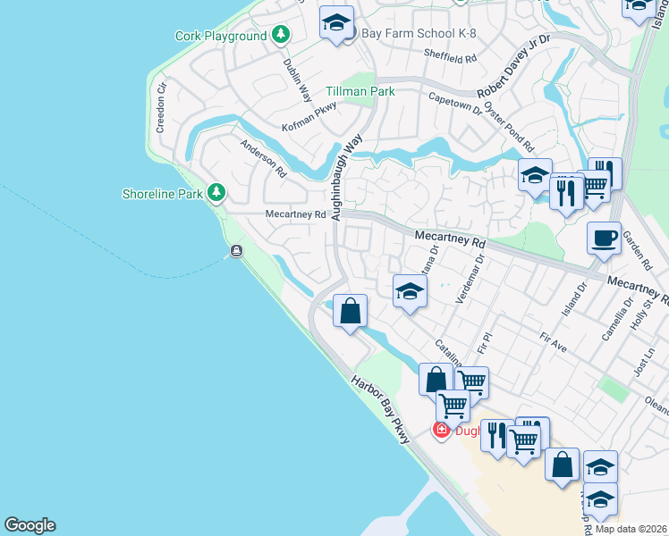 map of restaurants, bars, coffee shops, grocery stores, and more near 198 Orr Road in Alameda