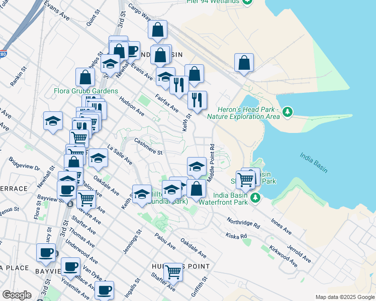 map of restaurants, bars, coffee shops, grocery stores, and more near 12 Cashmere Street in San Francisco