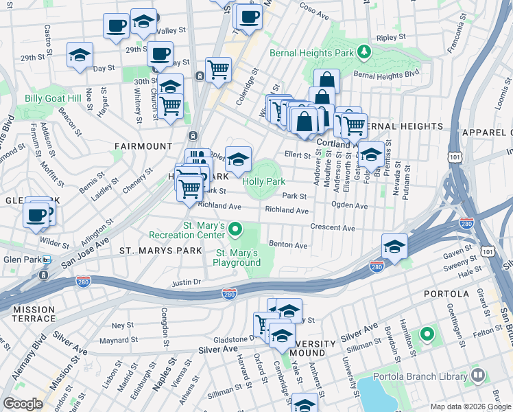 map of restaurants, bars, coffee shops, grocery stores, and more near 268 Richland Avenue in San Francisco
