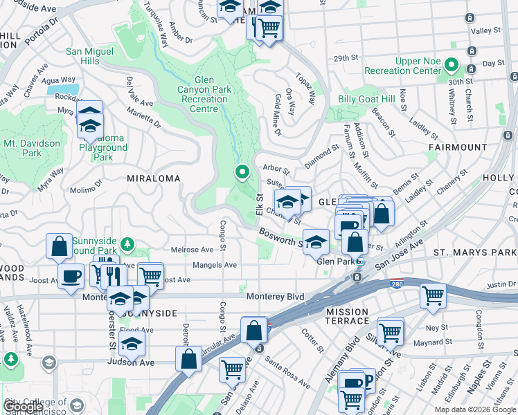 map of restaurants, bars, coffee shops, grocery stores, and more near 1223 Bosworth Street in San Francisco