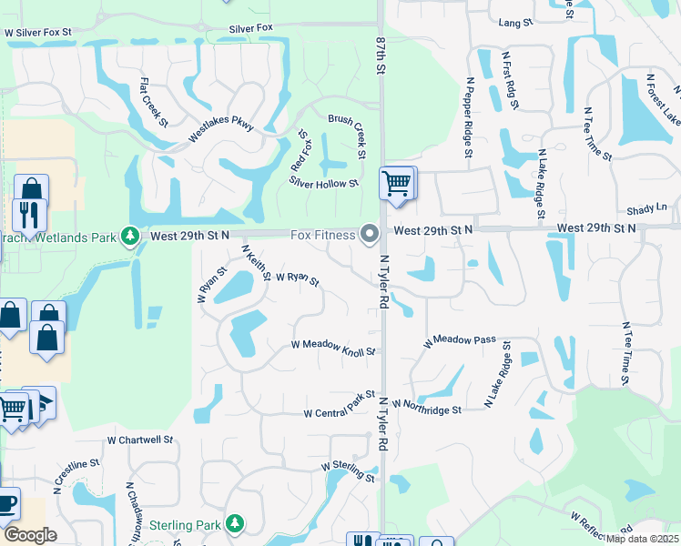 map of restaurants, bars, coffee shops, grocery stores, and more near 8905 West Meadow Park in Wichita