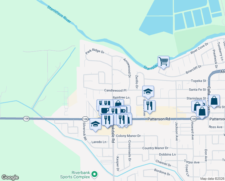 map of restaurants, bars, coffee shops, grocery stores, and more near Candlewood Place in Riverbank