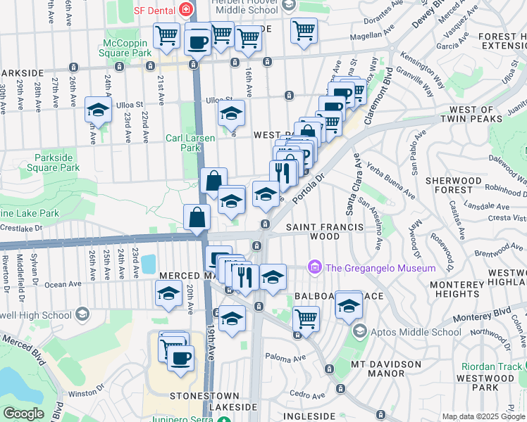 map of restaurants, bars, coffee shops, grocery stores, and more near 470 West Portal Avenue in San Francisco