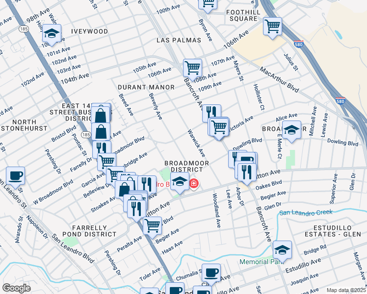 map of restaurants, bars, coffee shops, grocery stores, and more near 340 Beverly Avenue in San Leandro