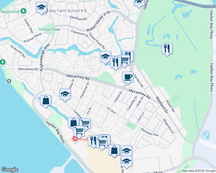 map of restaurants, bars, coffee shops, grocery stores, and more near 1001 Tahiti Lane in Alameda