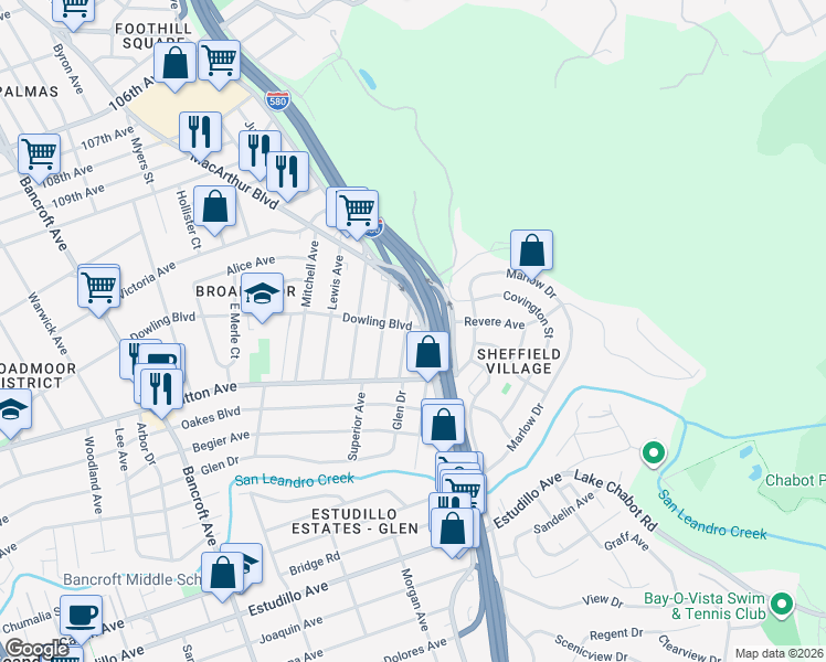 map of restaurants, bars, coffee shops, grocery stores, and more near 500 Fortuna Avenue in San Leandro