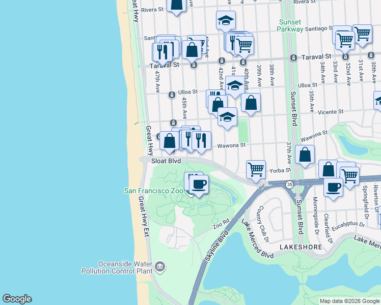 map of restaurants, bars, coffee shops, grocery stores, and more near 2700 45th Avenue in San Francisco