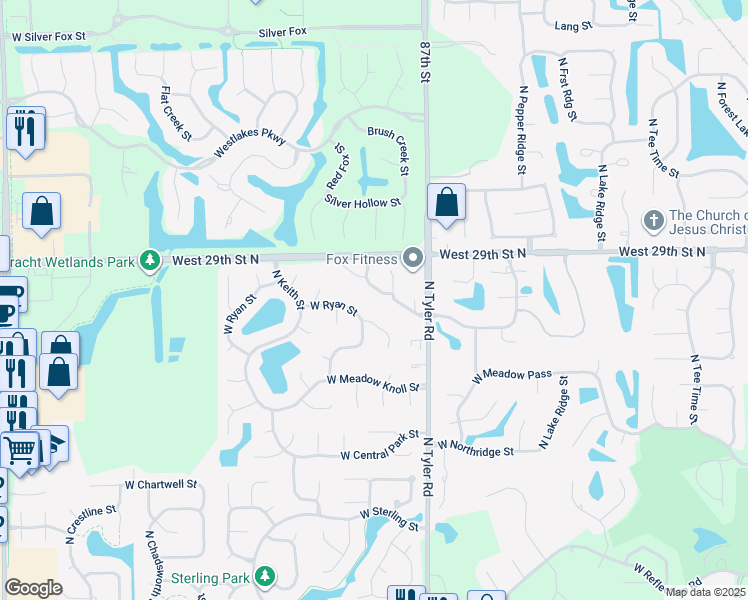 map of restaurants, bars, coffee shops, grocery stores, and more near 8923 West Meadow Park in Wichita
