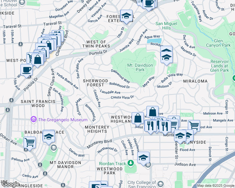 map of restaurants, bars, coffee shops, grocery stores, and more near 412 Lansdale Avenue in San Francisco