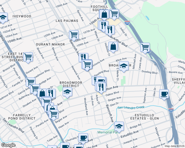 map of restaurants, bars, coffee shops, grocery stores, and more near 470 Bancroft Avenue in San Leandro