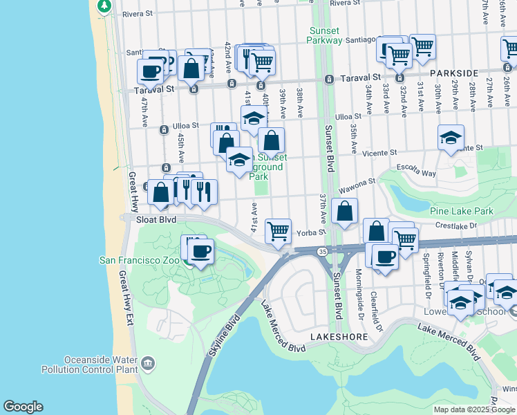 map of restaurants, bars, coffee shops, grocery stores, and more near 2720 41st Avenue in San Francisco