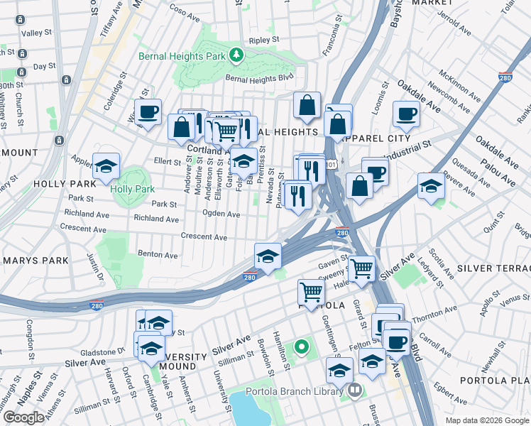 map of restaurants, bars, coffee shops, grocery stores, and more near 518 Nevada Street in San Francisco