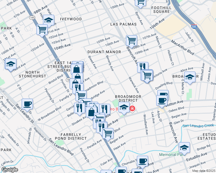 map of restaurants, bars, coffee shops, grocery stores, and more near 285 Breed Avenue in San Leandro