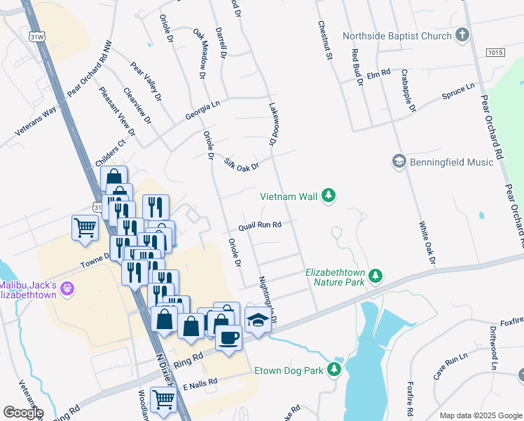 map of restaurants, bars, coffee shops, grocery stores, and more near 1806 Sparrow Court in Elizabethtown