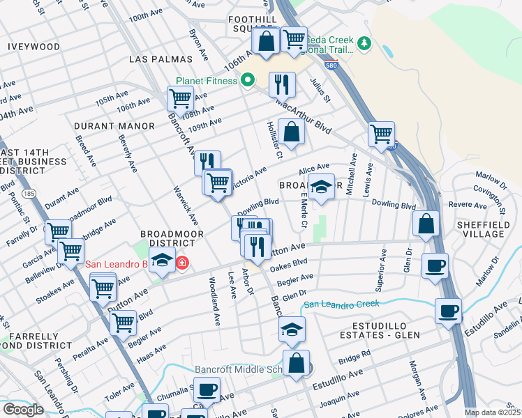map of restaurants, bars, coffee shops, grocery stores, and more near 525 Kenilworth Avenue in San Leandro