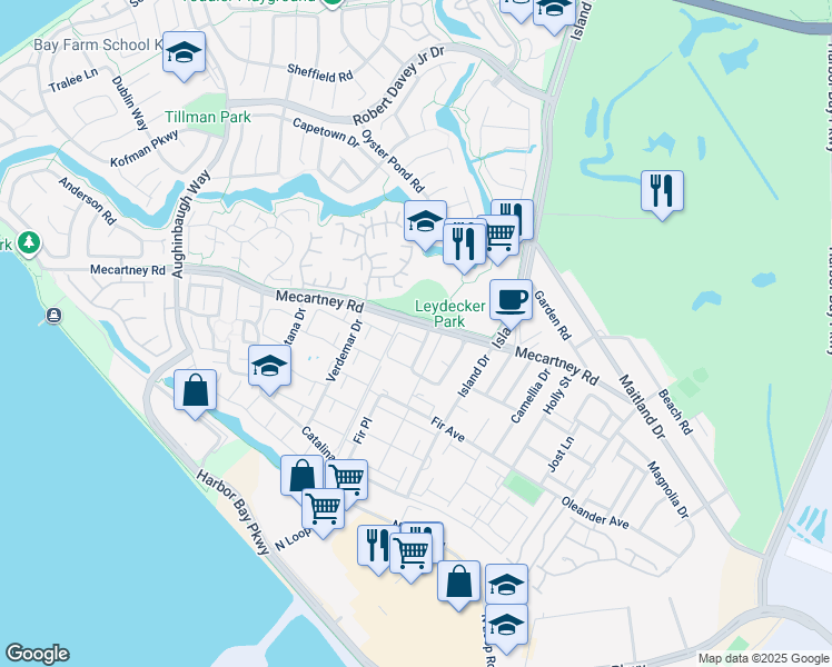 map of restaurants, bars, coffee shops, grocery stores, and more near 3151 Bali Lane in Alameda
