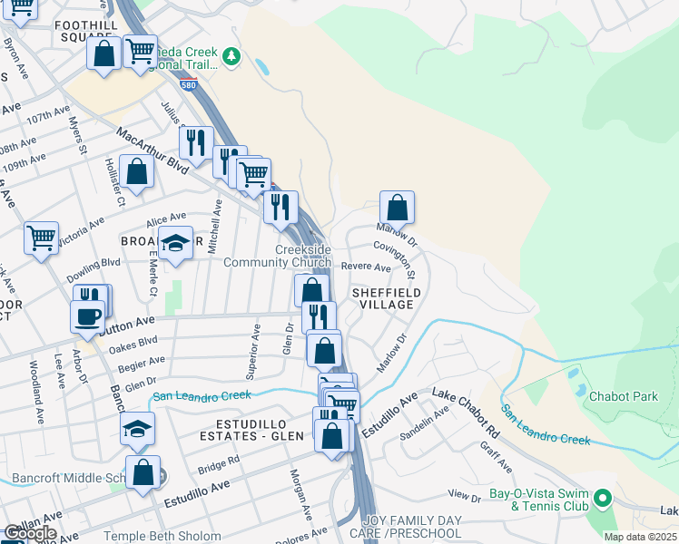 map of restaurants, bars, coffee shops, grocery stores, and more near 45 Marlow Drive in Oakland