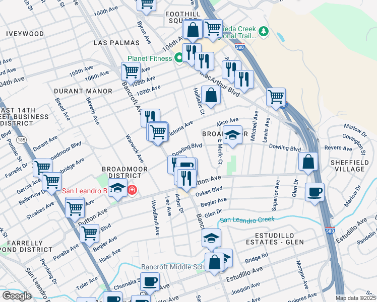 map of restaurants, bars, coffee shops, grocery stores, and more near 525 Kenilworth Avenue in San Leandro