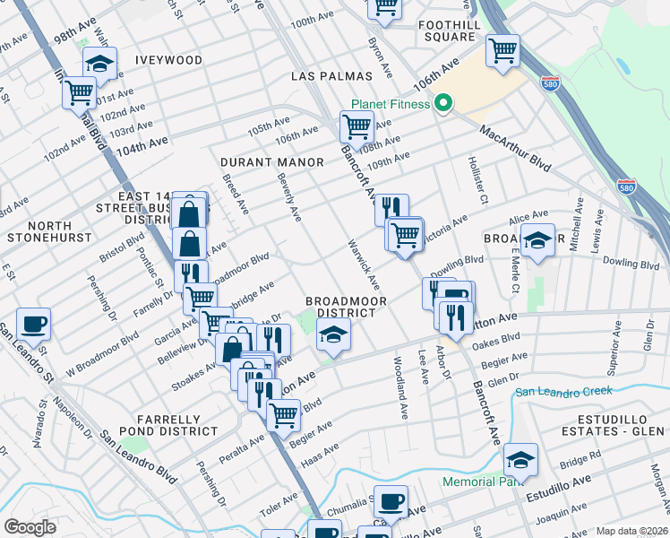 map of restaurants, bars, coffee shops, grocery stores, and more near 355 Beverly Avenue in San Leandro