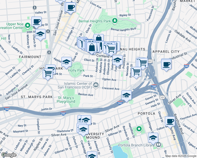 map of restaurants, bars, coffee shops, grocery stores, and more near 643 Andover Street in San Francisco