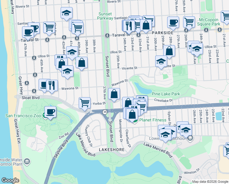 map of restaurants, bars, coffee shops, grocery stores, and more near 2766 36th Avenue in San Francisco