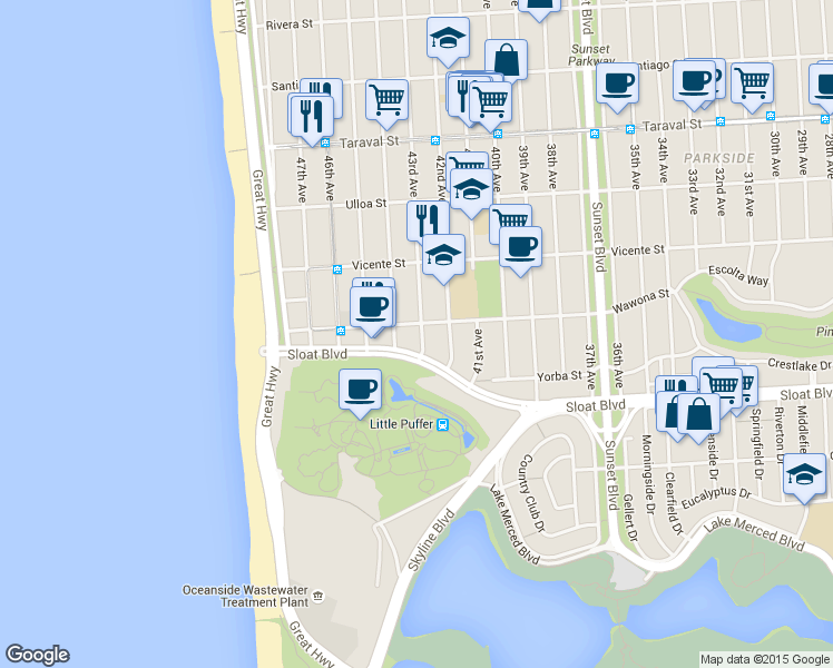 map of restaurants, bars, coffee shops, grocery stores, and more near 2760 43rd Avenue in San Francisco